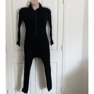 Shein Black Long-Sleeve Zipper Front Jumpsuit With White Side Stripes Athletic F